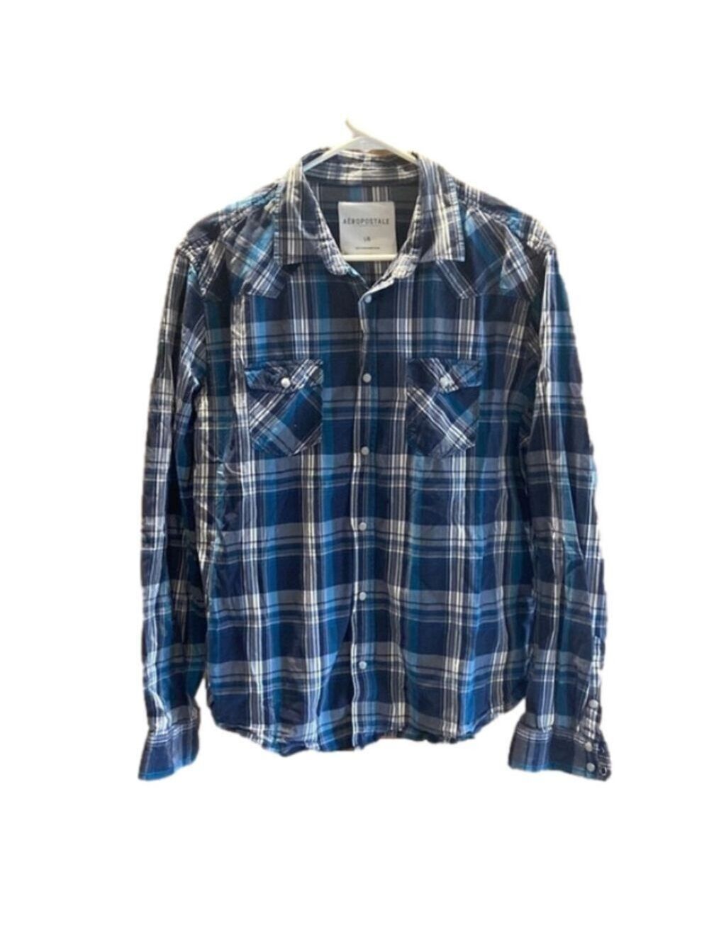Aeropostale Blue Plaid Snap Button Down Shirt Boys Large